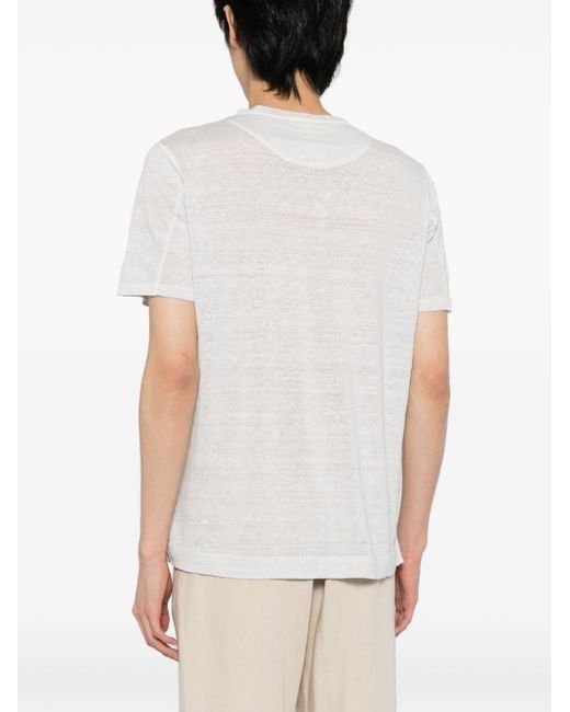 120% Lino White Button-placket Linen T-shirt for men