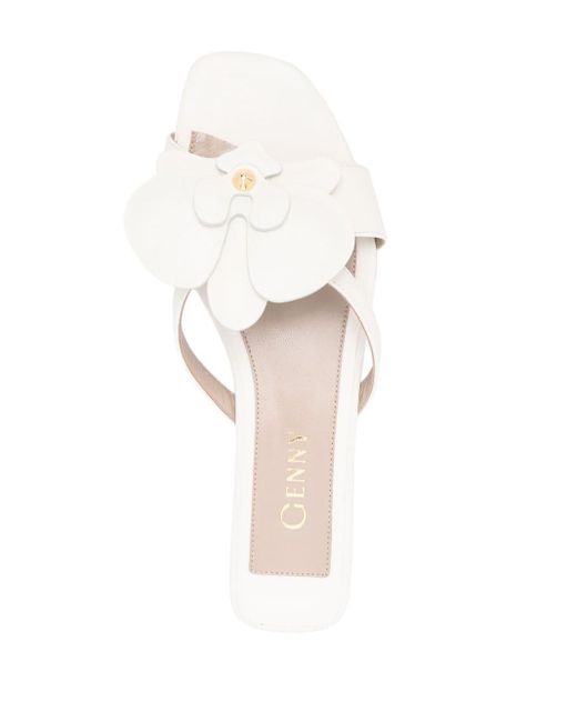 Genny White Floral-appliqué Leather Slides