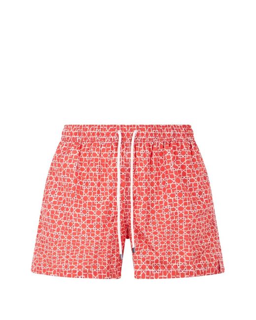 Fedeli Red Geometric-Pattern Drawstring Swim Shorts for men