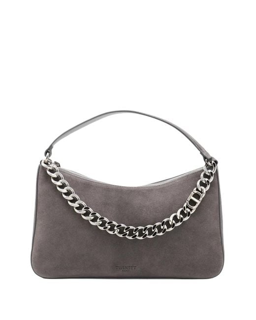 Twinset Gray Liliane Chain-Embellished Suede Shoulder Bag