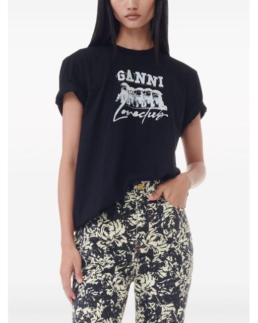 Ganni Black Dog-print Cotton T-shirt