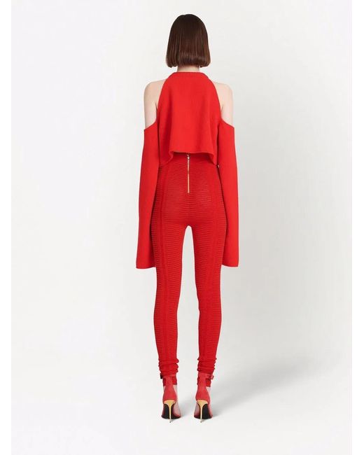 Balmain Red High-Waisted Sheer Knitted Leggings