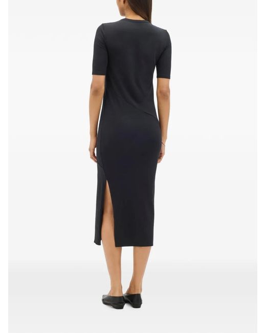 Another Tomorrow Black Elbow-Sleeve Midi Dress