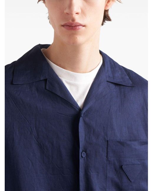 Chemise en lin à col cranté Prada pour homme en coloris Blue