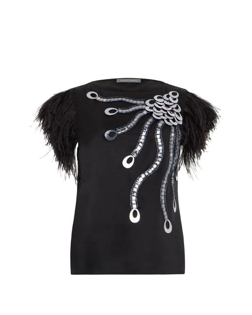 Alberta Ferretti Black Feather-Trim Metallic-Embellished T-Shirt