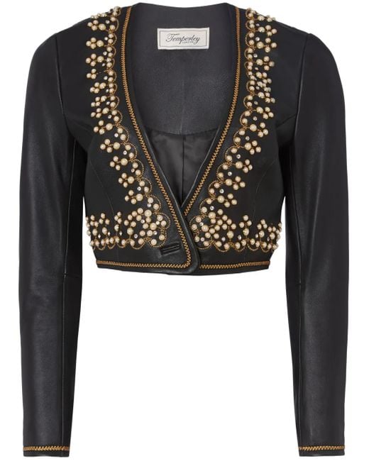 Temperley London Black Embroidered Faux-Pearl Cropped Jacket