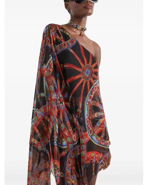 Dolce & Gabbana Brown One-Shoulder Carretto-Print Chiffon Dress