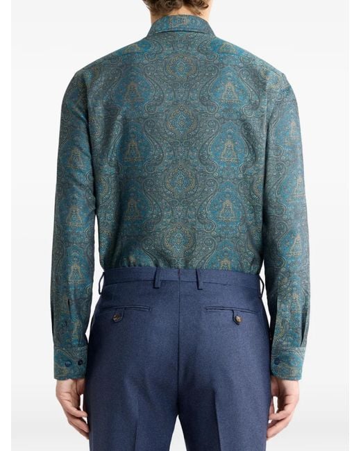 Etro Blue Cotton Jacquard Shirt With Ornamental Motif for men