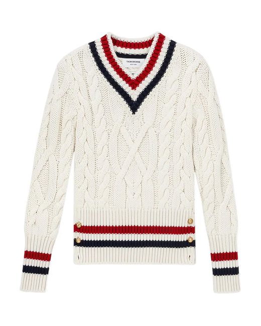 Thom Browne White Cable-Knit V-Neck Pullover