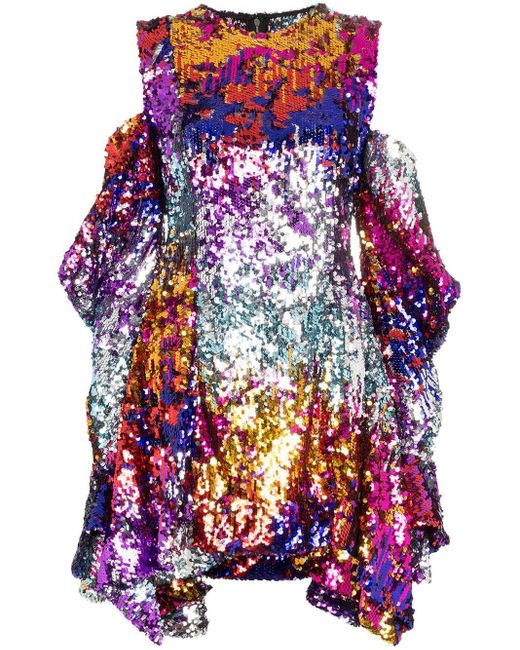 Halpern Metallic Sequinned Cold Shoulder Mini Dress