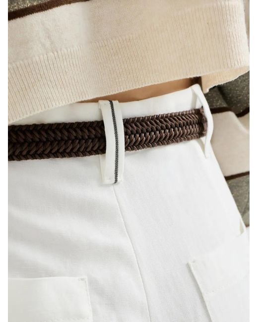 Brunello Cucinelli White Viscose And Linen Fluid Twill Wide Trousers With Monili