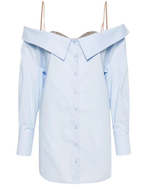 GIUSEPPE DI MORABITO Blue Rhinestoned V-Nek Poplin Shirt