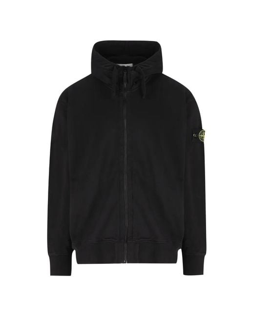 Stone Island Black Zip-Up Hoodie With Logo Appliqué for men