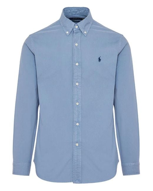 Polo Ralph Lauren Blue Embroidered-Logo Cotton Shirt for men