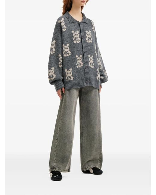 Mini Cream Gray Bear-Pattern Button-Fastening Cardigan