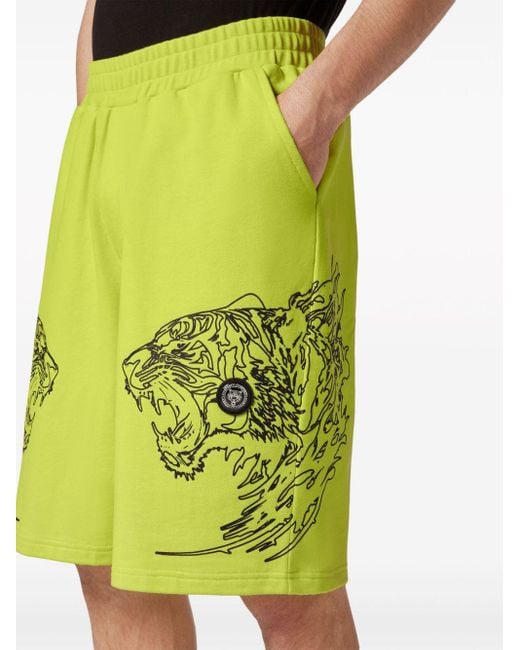 Philipp Plein Yellow Tiger-print Cotton Track Shorts for men