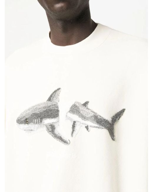 Palm Angels Natural Shark-Print Crew-Neck Sweatshirt for men
