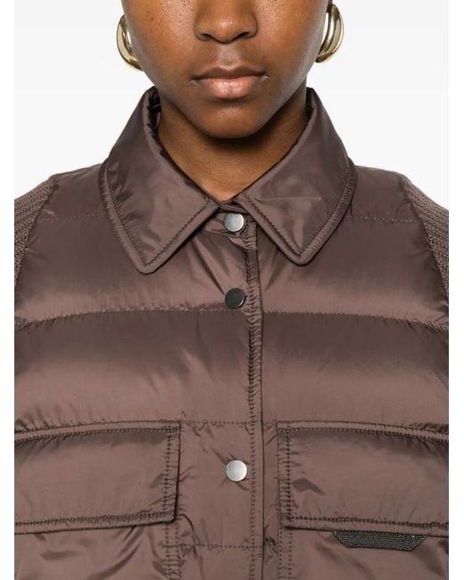 Brunello Cucinelli Brown Quilted-Panel Knit-Sleeve Jacket