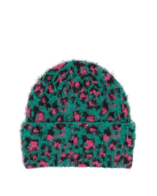 Bimba Y Lola Green Leopard-Print Beanie Hat