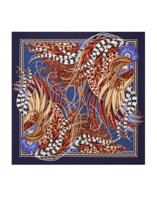 Ferragamo Blue Rooster-Print Silk Scarf