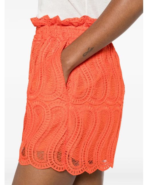 Raquel Diniz Red Bahia Guipure Lace Ruffle Shorts