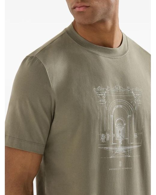 Brunello Cucinelli Gray Cotton Jersey Crew Neck T-shirt With Print for men