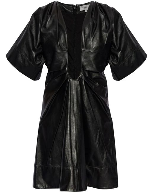 Victoria Beckham Black Pleated Leather Minidress