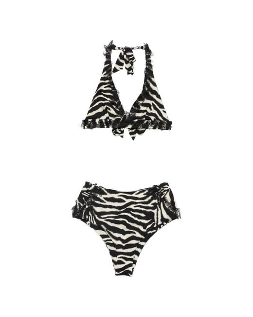 Ermanno Scervino White Bikini Bordé De Dentelle À Motif Zèbre