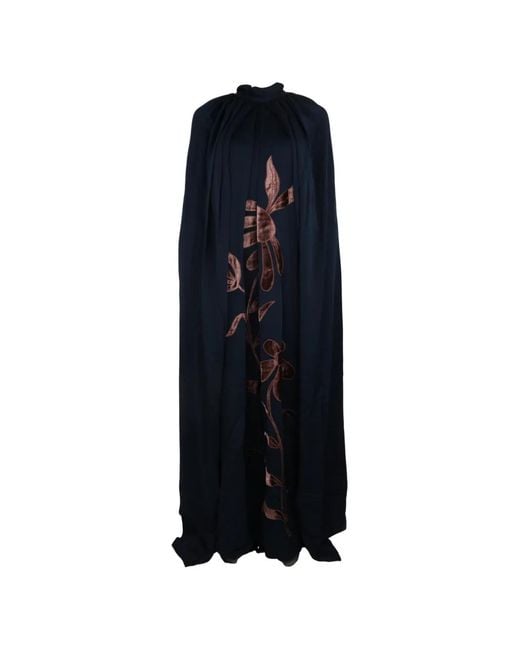Biyan Blue Indara Velvet-Appliqué Cape Dress