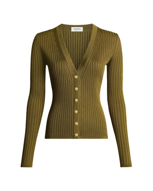 Balmain Green Buttoned Ribbed Knit Cardigan