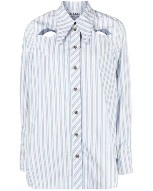 Ganni Cotton Cut-out Detail Striped Shirt in White | Lyst