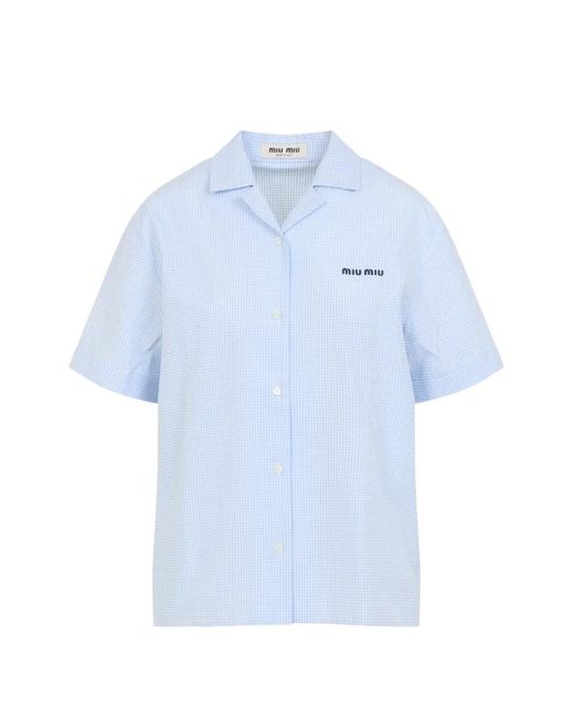 Miu Miu Blue Gingham-Check Logo-Embroidered Shirt