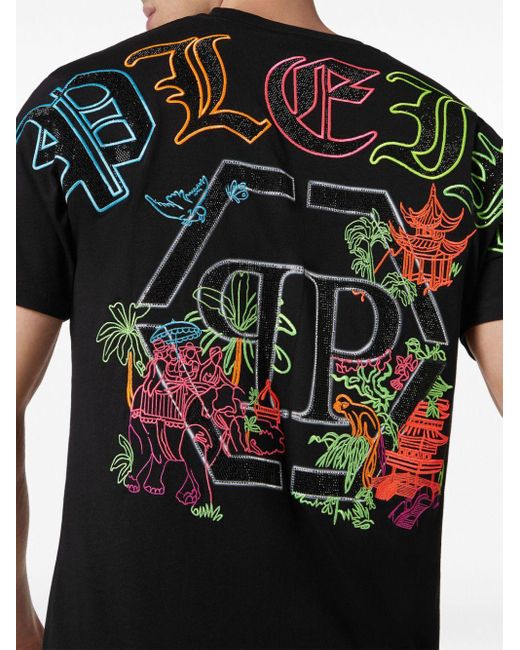 Philipp Plein Black Logo-embroidered Cotton T-shirt for men