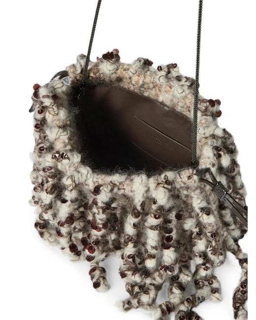 Brunello Cucinelli Gray Dazzling Twist Embroidery Pouch Bag With Precious Chain