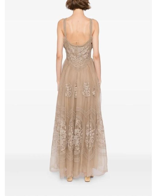 Elie Saab Natural Embroidered Organza Long Dress