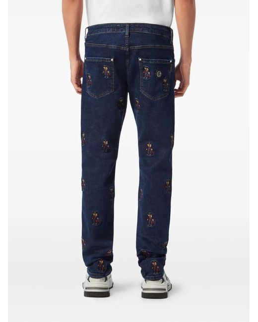 Philipp Plein Blue Bear-Embroidered Jeans for men