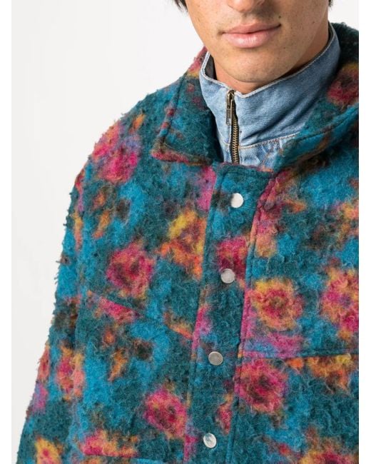 Egonlab Blue Floral-Print High-Neck Bomber Jacket for men