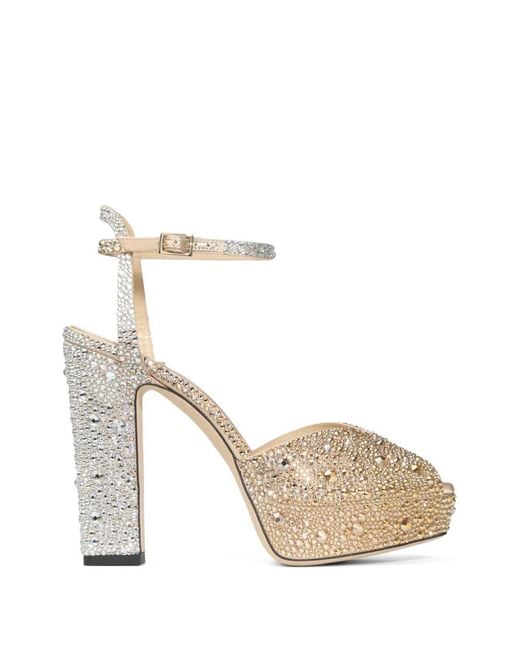 Jimmy Choo White Sacaria 120 Crystal Platform Sandals