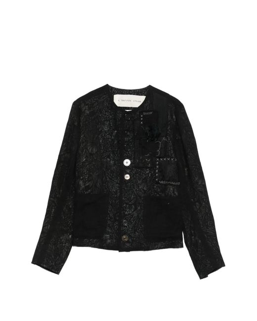 A Tentative Atelier Black Floral-Jacquard Patch-Detail Jacket