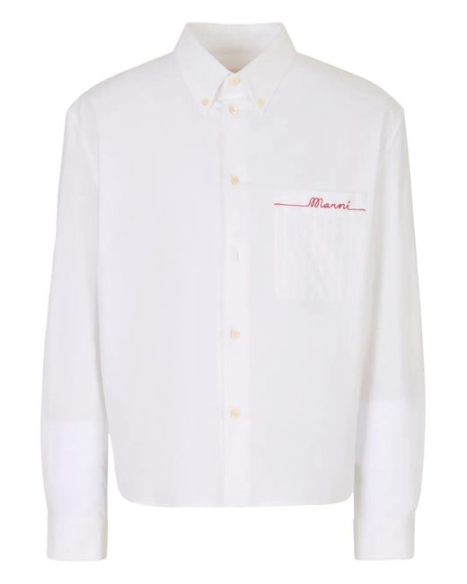 Marni White Cotton Oxford Shirt With Striped Pocket for men