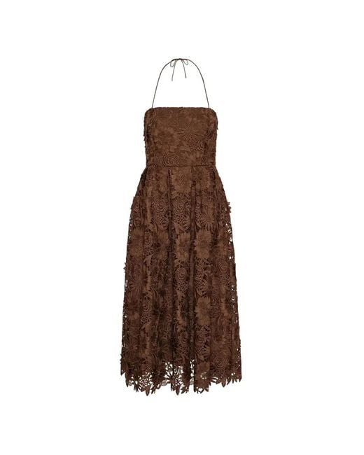 ROTATE BIRGER CHRISTENSEN Brown Floral Lace Midi Dress