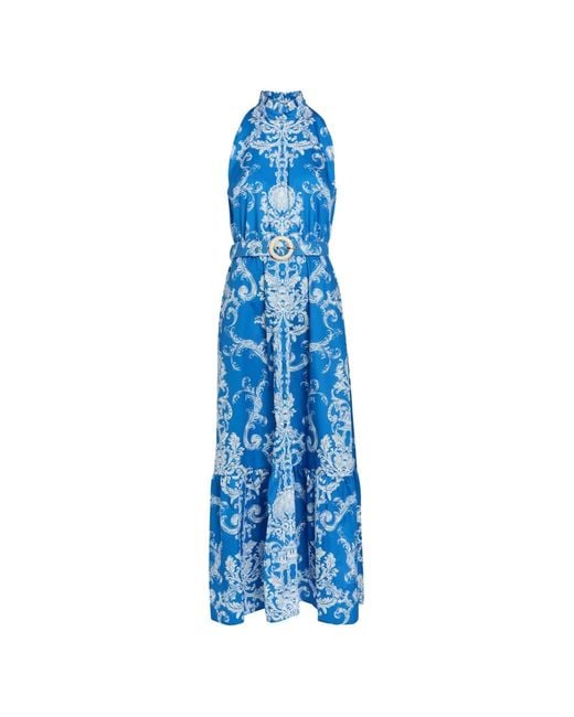 Borgo De Nor Blue Biba Baroque-Print Belted Maxi Dress