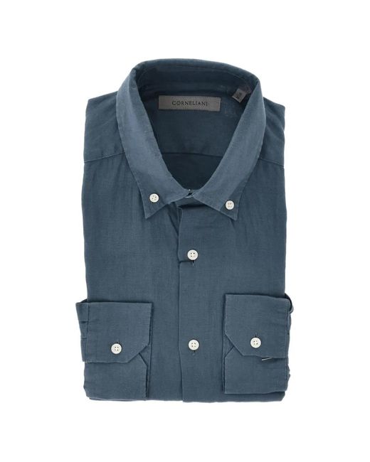 Corneliani Blue Button-Down Linen Shirt for men