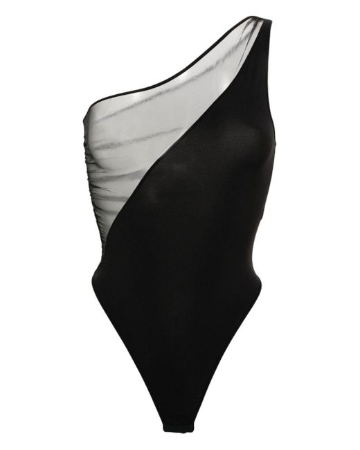 Maison Close Black One-shoulder Mesh-panelled Bodysuit