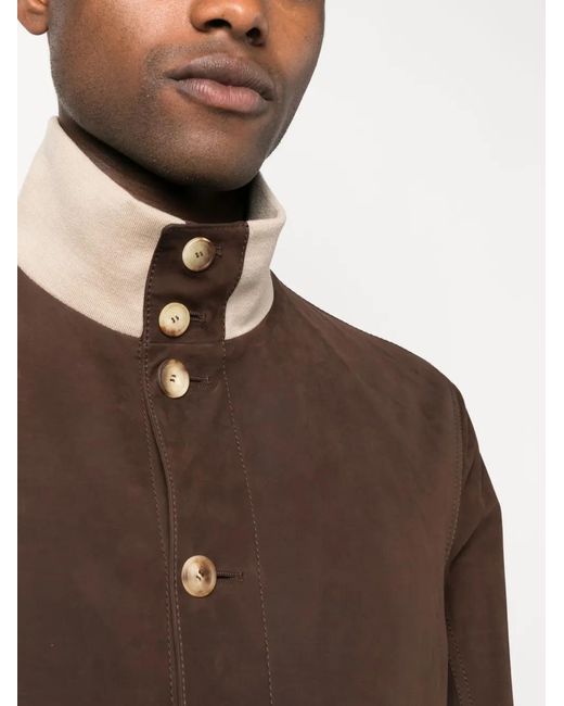 Brunello Cucinelli Brown Contrasting-Detail Suede Bomber Jacket for men