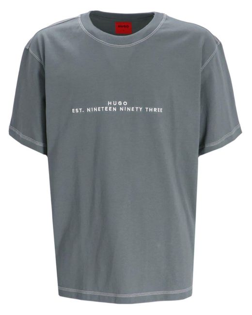 HUGO Gray Logo-embroidered Cotton T-shirt for men