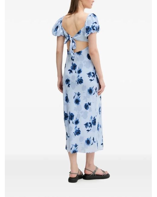 Abercrombie & Fitch Blue Floral-Print Puff-Sleeve Midi Dress
