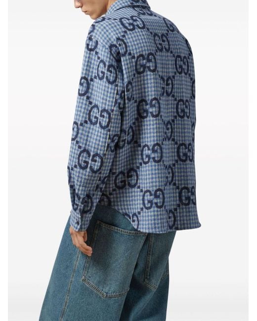 Camisa de Lana A Cuadros con Jumbo GG Gucci de hombre de color Blue