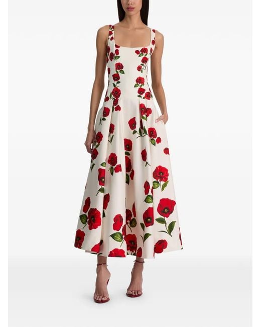 Alice + Olivia Red Adley Floral-Print Pleated Dress