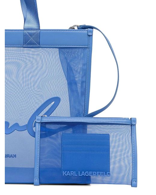 Karl Lagerfeld Blue Mesh Logo-Patch Tote Bag